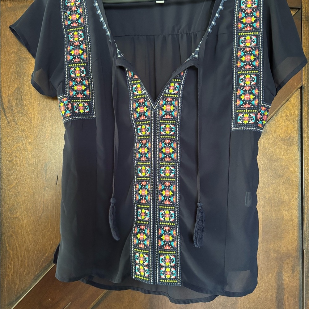 American Eagle Outfitters Blue Embellished Cap Sleeve Sheer Blouse
